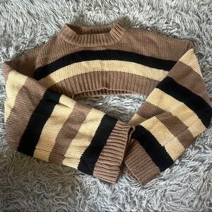 Cropped Striped Brown and Black Knit Sweater